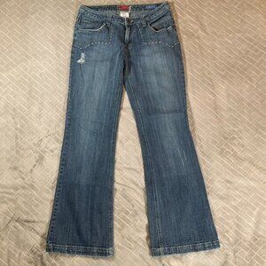 Leo Roma Women 9 Denim Jeans Blue Flare Low Rise Western Y2K Embroidered Pockets